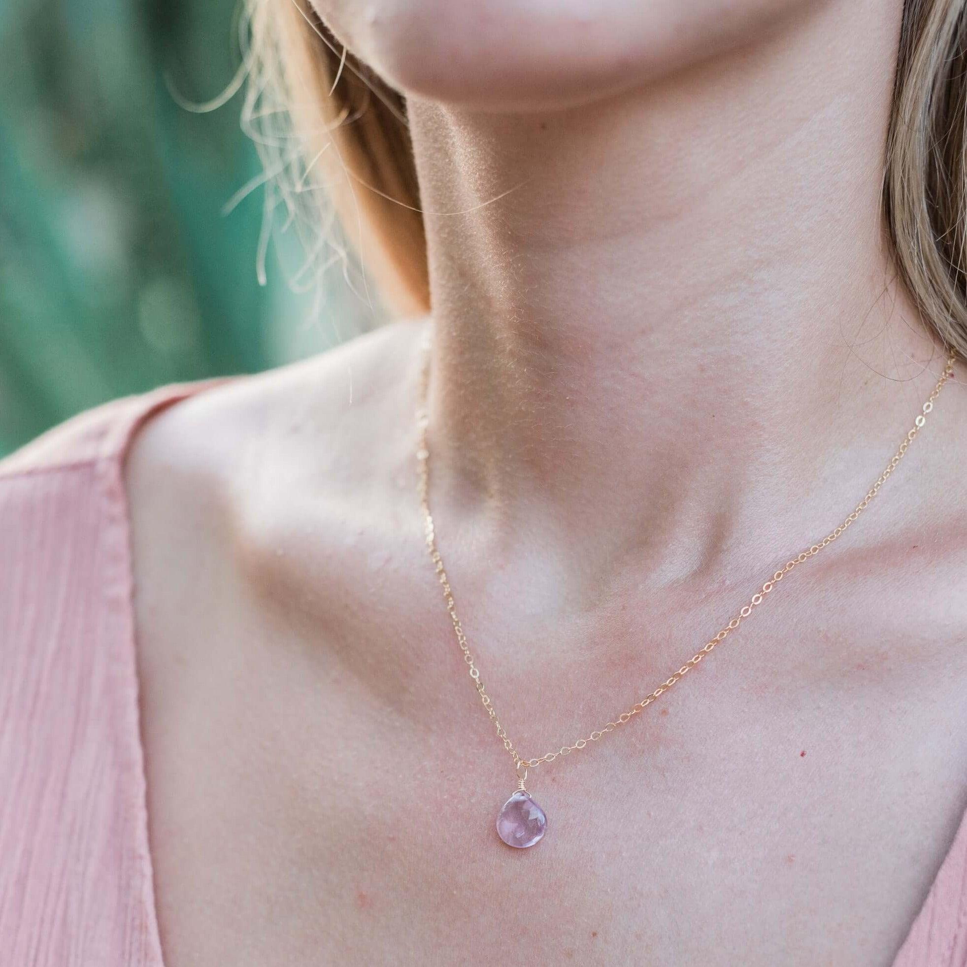 Tiny Pink Amethyst Teardrop Crystal Necklace - Tiny Pink Amethyst Teardrop Crystal Necklace - Sterling Silver / Cable - Luna Tide Handmade Crystal Jewellery