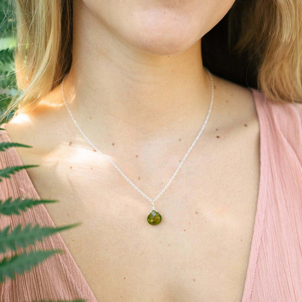 Tiny Peridot Teardrop Crystal Necklace - Tiny Peridot Teardrop Crystal Necklace - Sterling Silver / Cable - Luna Tide Handmade Crystal Jewellery