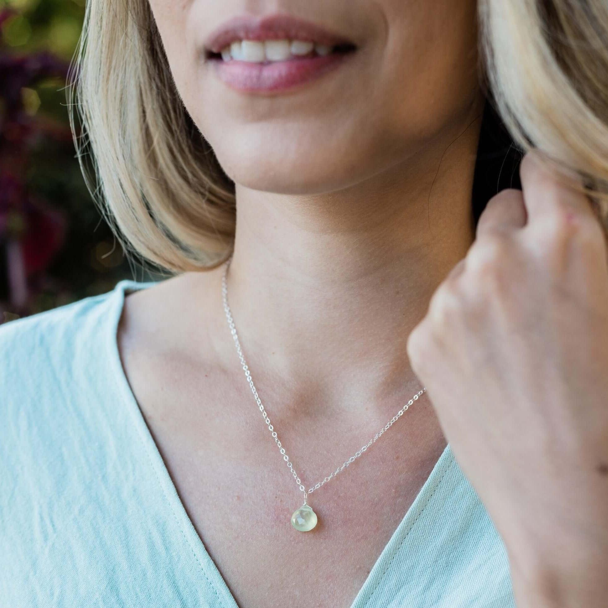 Tiny Prehnite Teardrop Crystal Necklace - Tiny Prehnite Teardrop Crystal Necklace - Sterling Silver / Cable - Luna Tide Handmade Crystal Jewellery