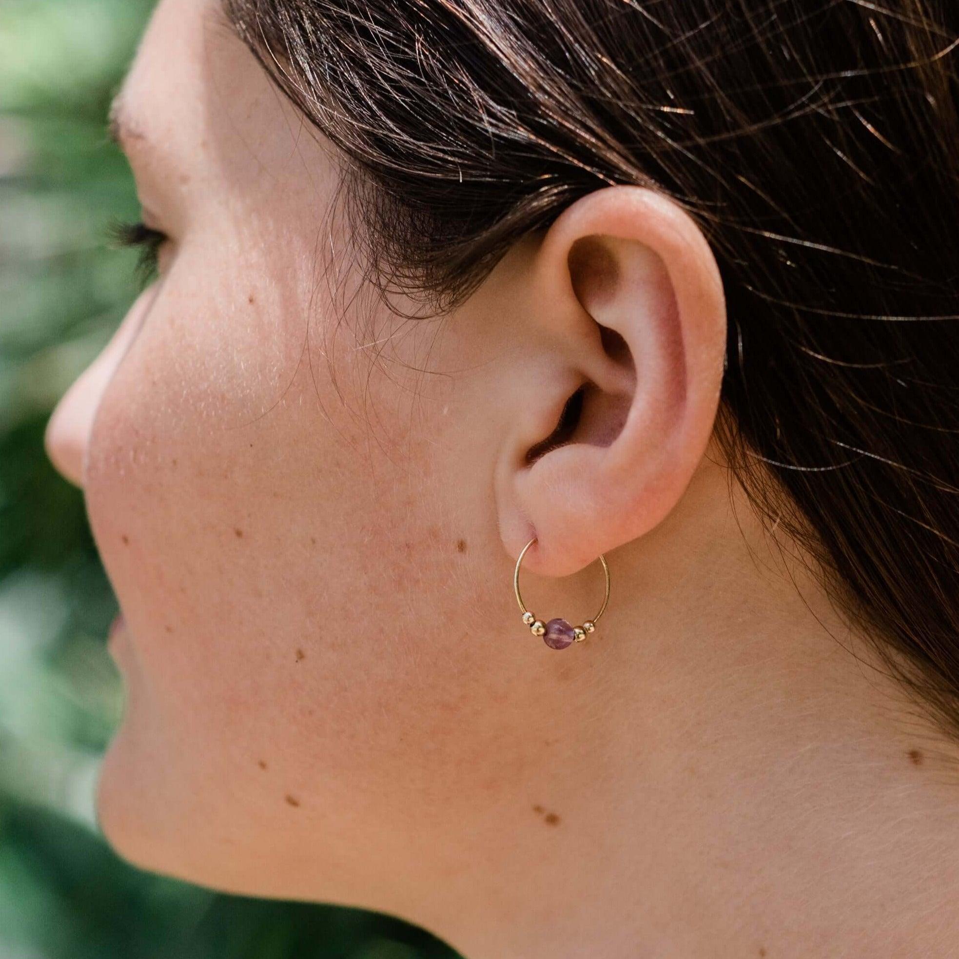 Tiny Purple Amethyst Bead Hoop Earrings - Tiny Purple Amethyst Bead Hoop Earrings - Sterling Silver - Luna Tide Handmade Crystal Jewellery