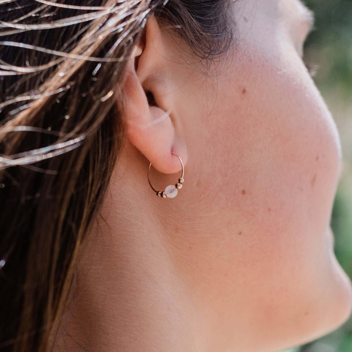 Tiny Rainbow Moonstone Bead Hoop Earrings - Tiny Rainbow Moonstone Bead Hoop Earrings - 14k Gold Fill - Luna Tide Handmade Crystal Jewellery