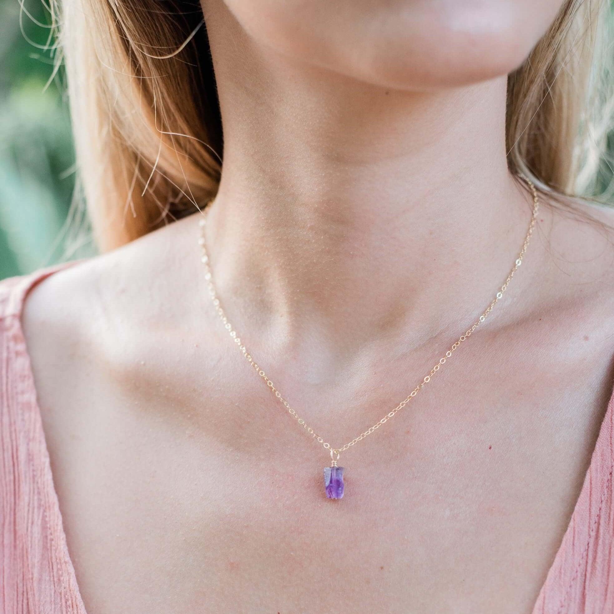 Tiny Raw Amethyst Pendant Necklace - Tiny Raw Amethyst Pendant Necklace - Sterling Silver / Cable - Luna Tide Handmade Crystal Jewellery