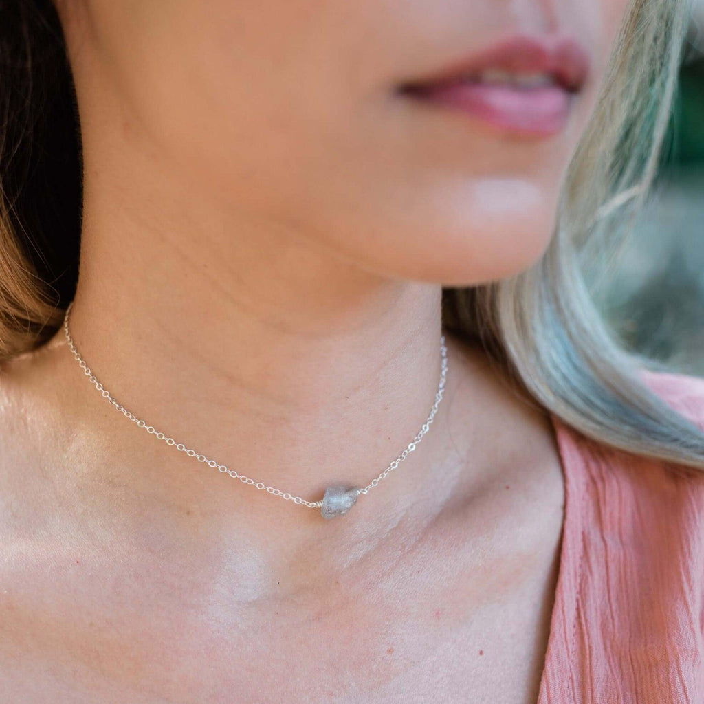 Tiny Raw Labradorite Crystal Nugget Choker - Tiny Raw Labradorite Crystal Nugget Choker - Sterling Silver - Luna Tide Handmade Crystal Jewellery