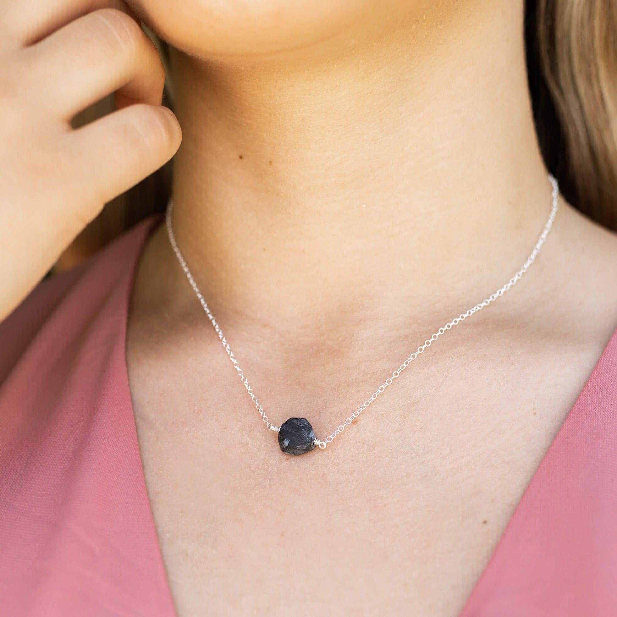 Tiny Raw Obsidian Crystal Nugget Necklace - Tiny Raw Obsidian Crystal Nugget Necklace - Sterling Silver - Luna Tide Handmade Crystal Jewellery
