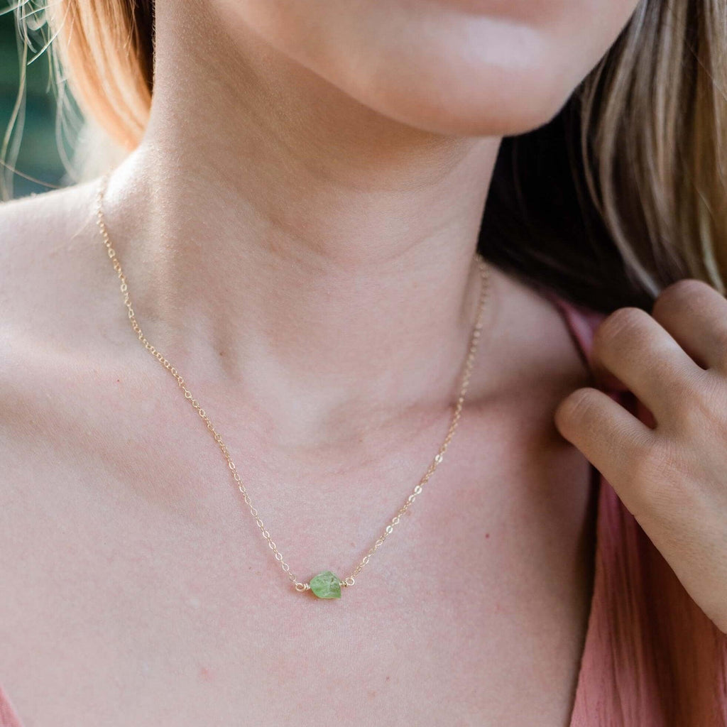 Tiny Raw Peridot Crystal Nugget Necklace - Tiny Raw Peridot Crystal Nugget Necklace - Sterling Silver - Luna Tide Handmade Crystal Jewellery