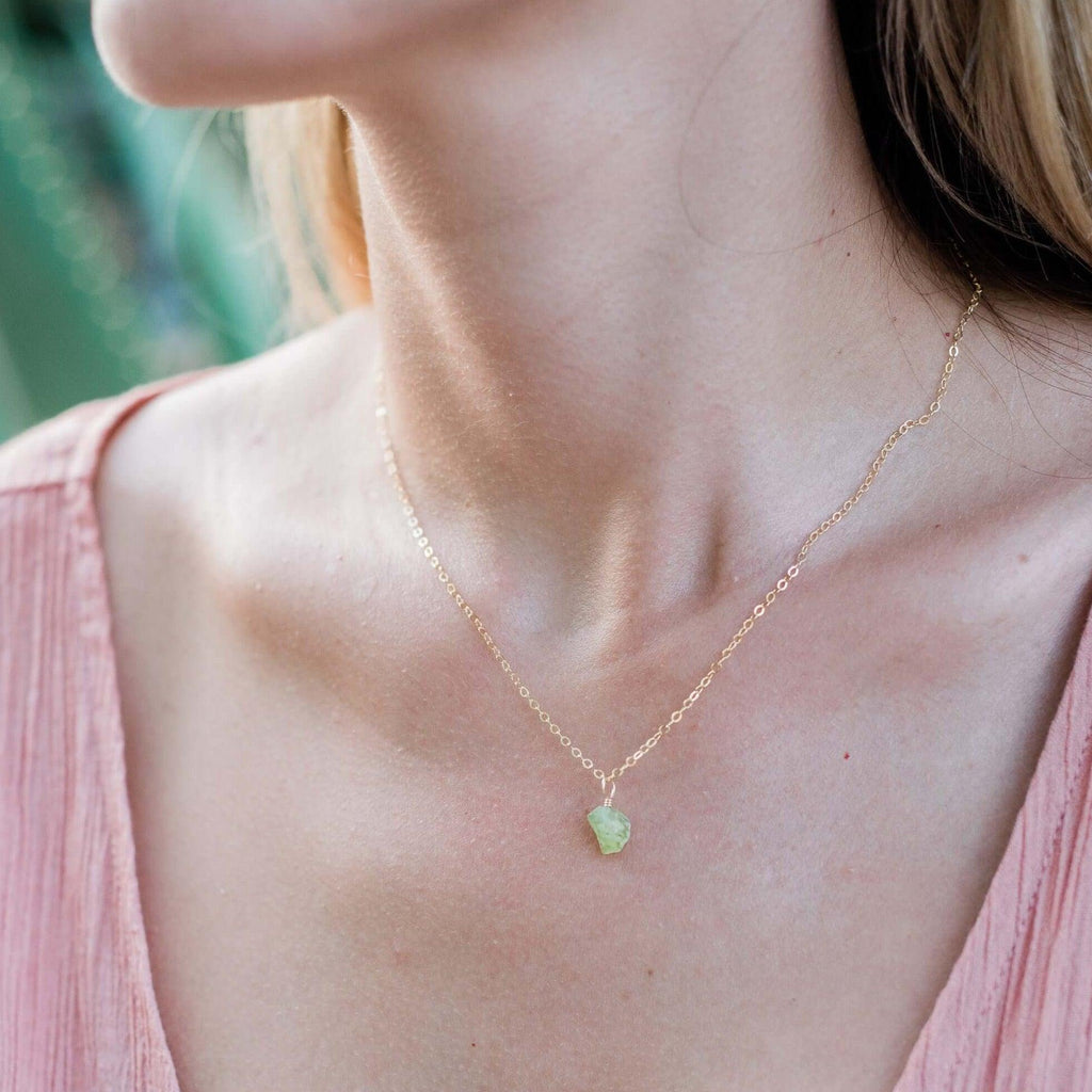 Tiny Raw Peridot Pendant Necklace - Tiny Raw Peridot Pendant Necklace - 14k Gold Fill / Cable - Luna Tide Handmade Crystal Jewellery