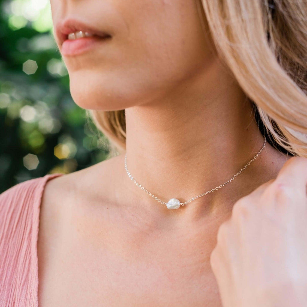 Tiny Raw White Freshwater Pearl Crystal Nugget Choker - Tiny Raw White Freshwater Pearl Crystal Nugget Choker - 14k Gold Fill - Luna Tide Handmade Crystal Jewellery