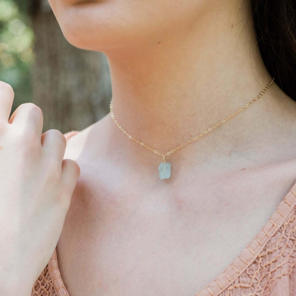 Tiny Rough Aquamarine Gemstone Pendant Choker - Tiny Rough Aquamarine Gemstone Pendant Choker - 14k Gold Fill / Cable - Luna Tide Handmade Crystal Jewellery