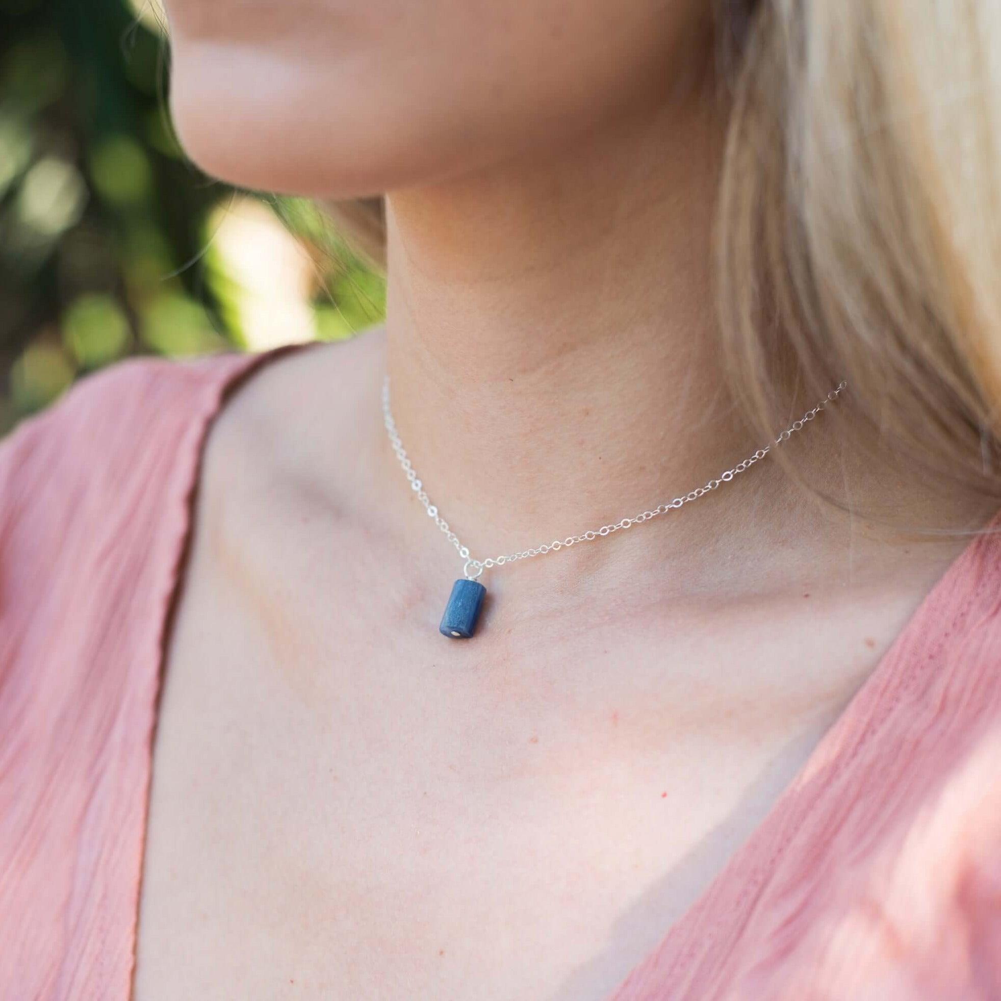Tiny Rough Kyanite Gemstone Pendant Choker - Tiny Rough Kyanite Gemstone Pendant Choker - Sterling Silver / Cable - Luna Tide Handmade Crystal Jewellery