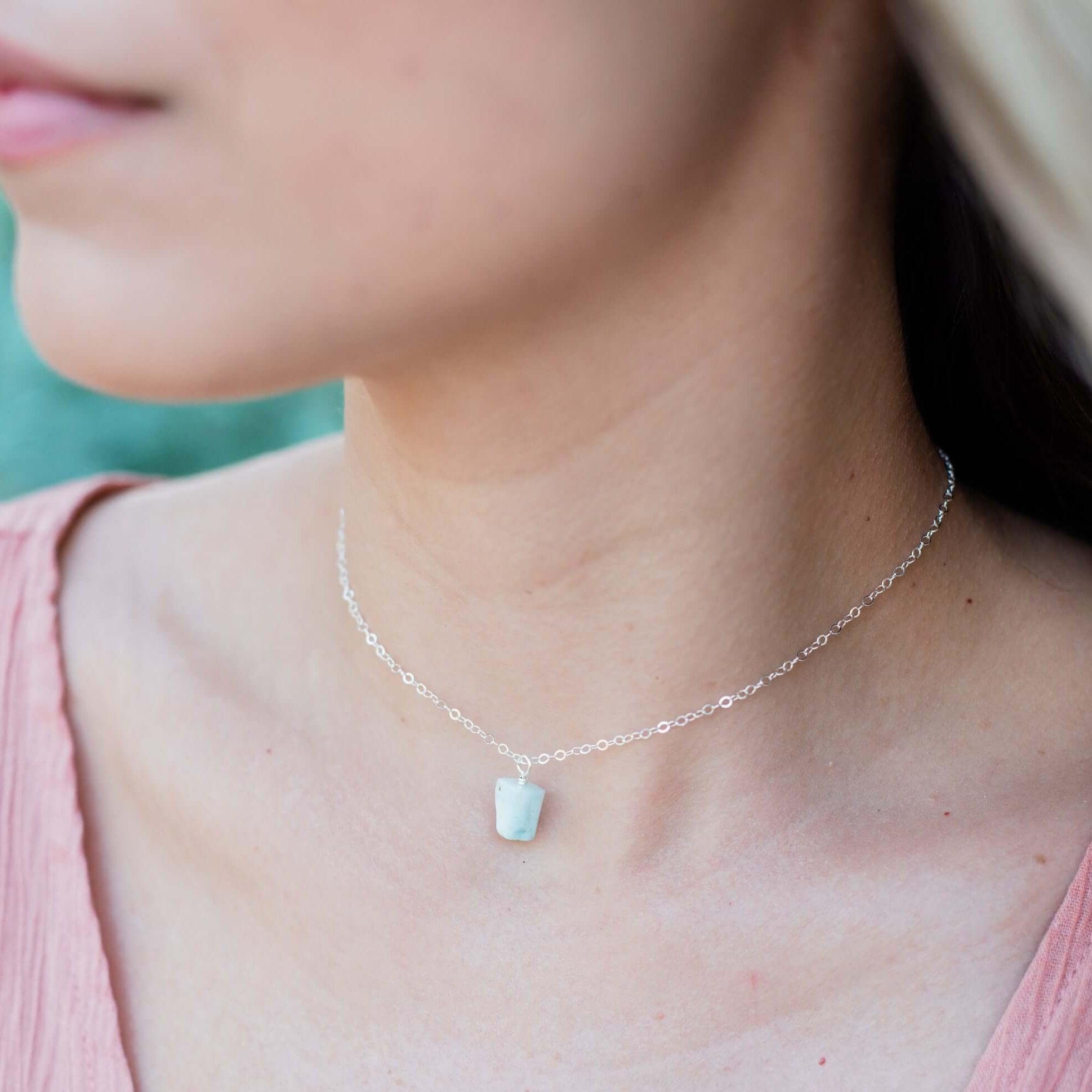Tiny Rough Larimar Gemstone Pendant Choker - Tiny Rough Larimar Gemstone Pendant Choker - Sterling Silver / Cable - Luna Tide Handmade Crystal Jewellery