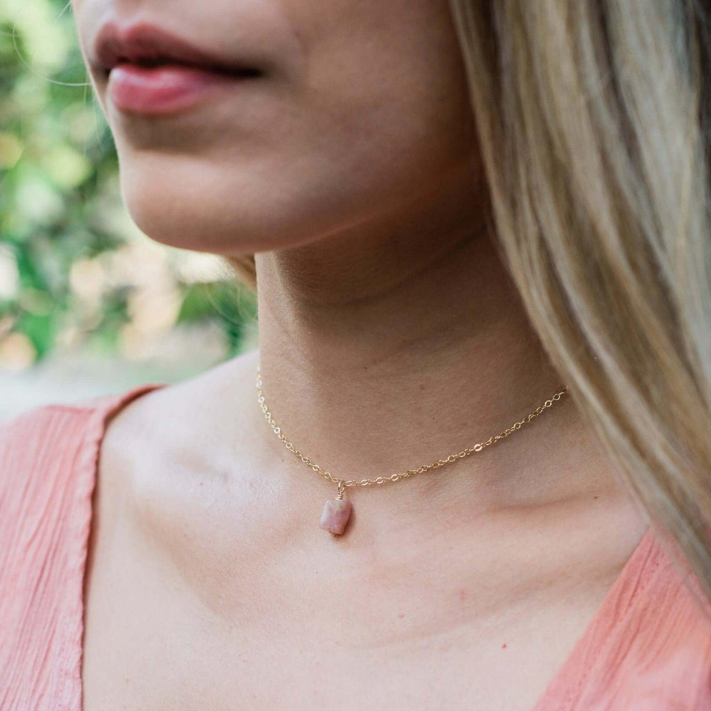 Tiny Rough Pink Peruvian Opal Gemstone Pendant Choker - Tiny Rough Pink Peruvian Opal Gemstone Pendant Choker - 14k Gold Fill / Cable - Luna Tide Handmade Crystal Jewellery