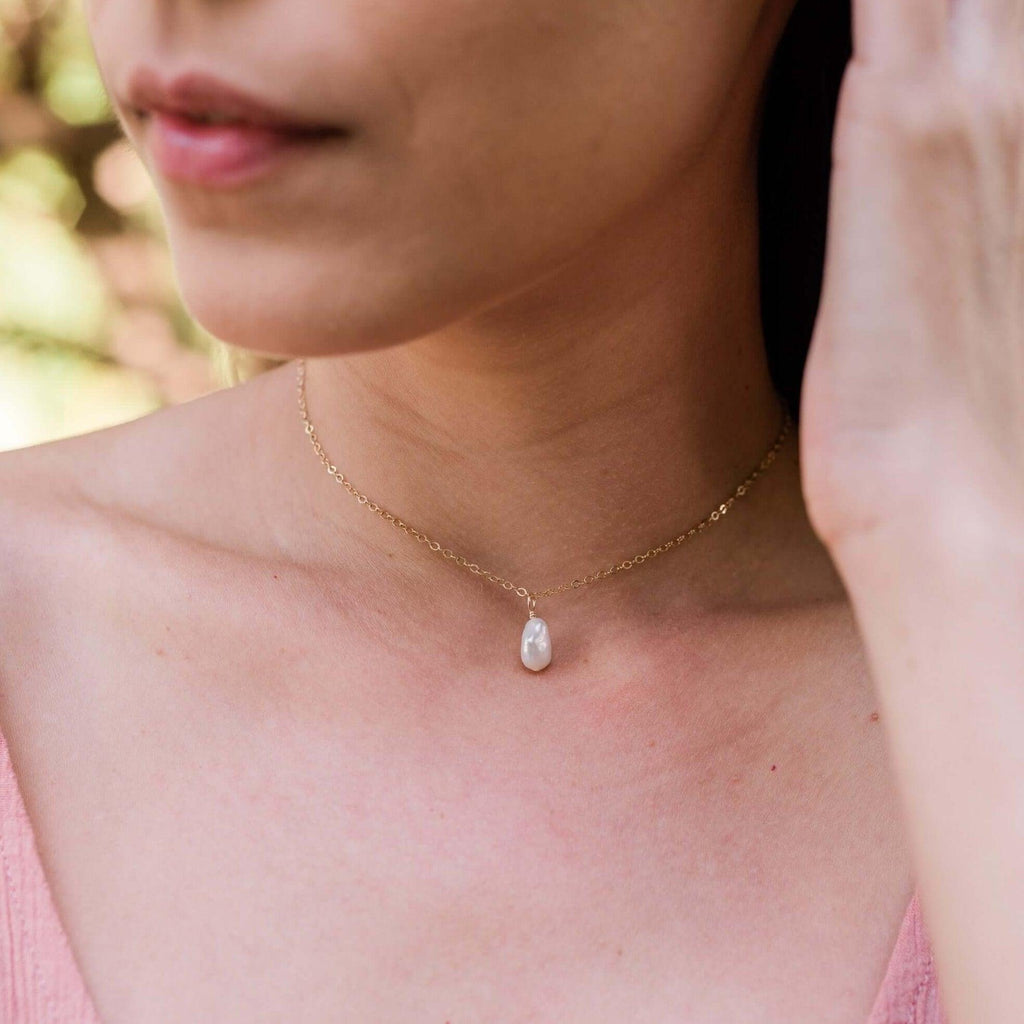 Tiny Rough White Freshwater Pearl Gemstone Pendant Choker - Tiny Rough White Freshwater Pearl Gemstone Pendant Choker - 14k Gold Fill / Cable - Luna Tide Handmade Crystal Jewellery