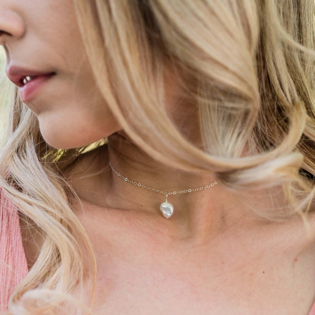 Tiny Rough White Freshwater Pearl Gemstone Pendant Choker - Tiny Rough White Freshwater Pearl Gemstone Pendant Choker - 14k Gold Fill / Cable - Luna Tide Handmade Crystal Jewellery