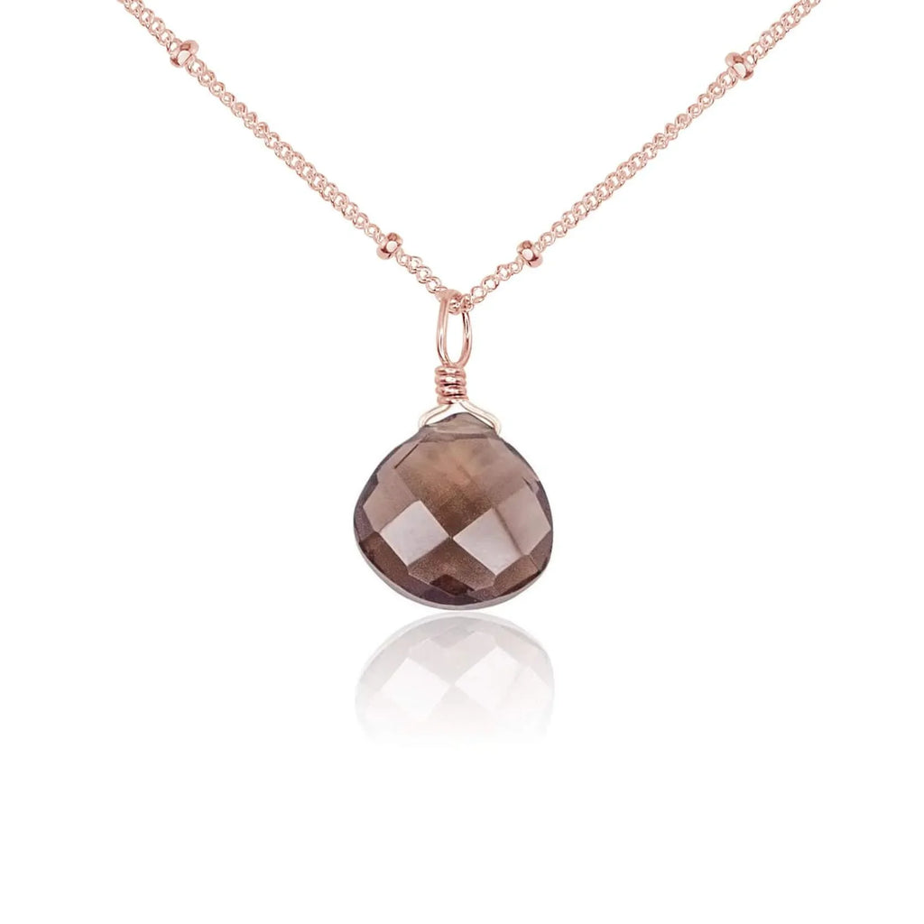 Tiny Smoky Quartz Teardrop Crystal Necklace - Tiny Smoky Quartz Teardrop Crystal Necklace - 14k Rose Gold Fill / Satellite - Luna Tide Handmade Crystal Jewellery