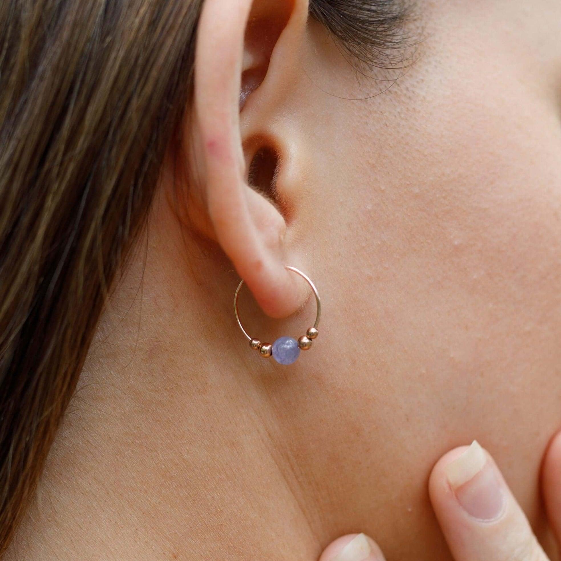 Tiny Tanzanite Gemstone Bead Hoop Earrings - Tiny Tanzanite Gemstone Bead Hoop Earrings - Sterling Silver - Luna Tide Handmade Crystal Jewellery