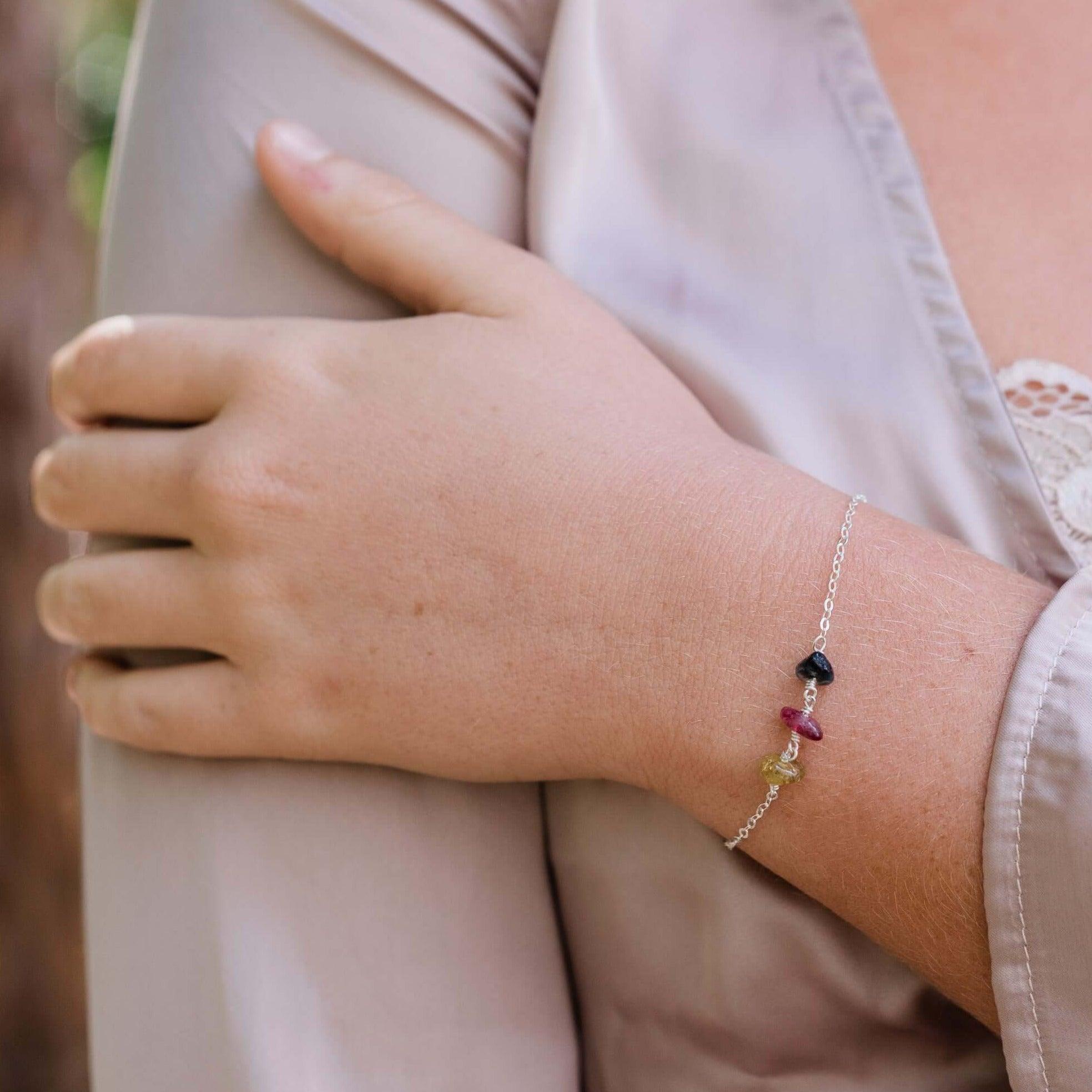 Tourmaline Beaded Chain Bracelet - Tourmaline Beaded Chain Bracelet - Sterling Silver - Luna Tide Handmade Crystal Jewellery