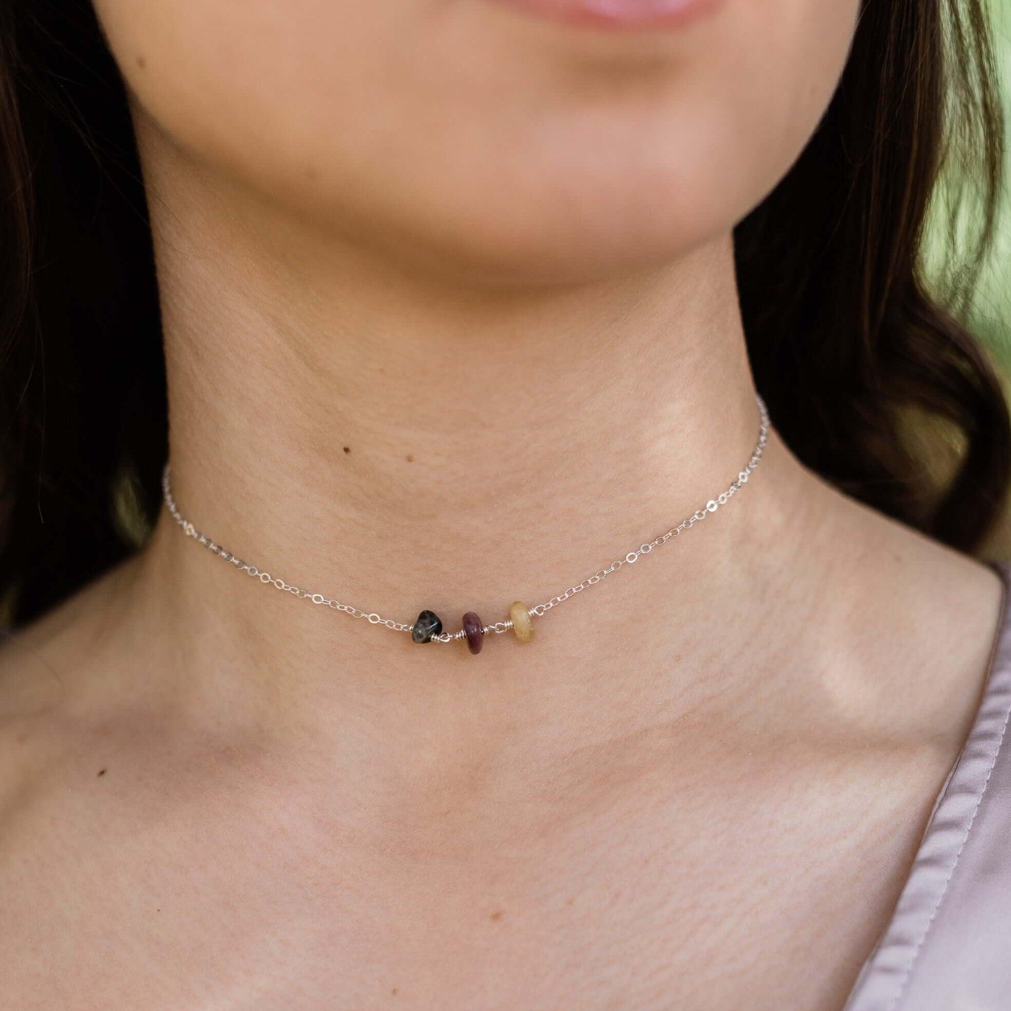 Tourmaline Beaded Chain Choker Necklace - Tourmaline Beaded Chain Choker Necklace - Sterling Silver - Luna Tide Handmade Crystal Jewellery
