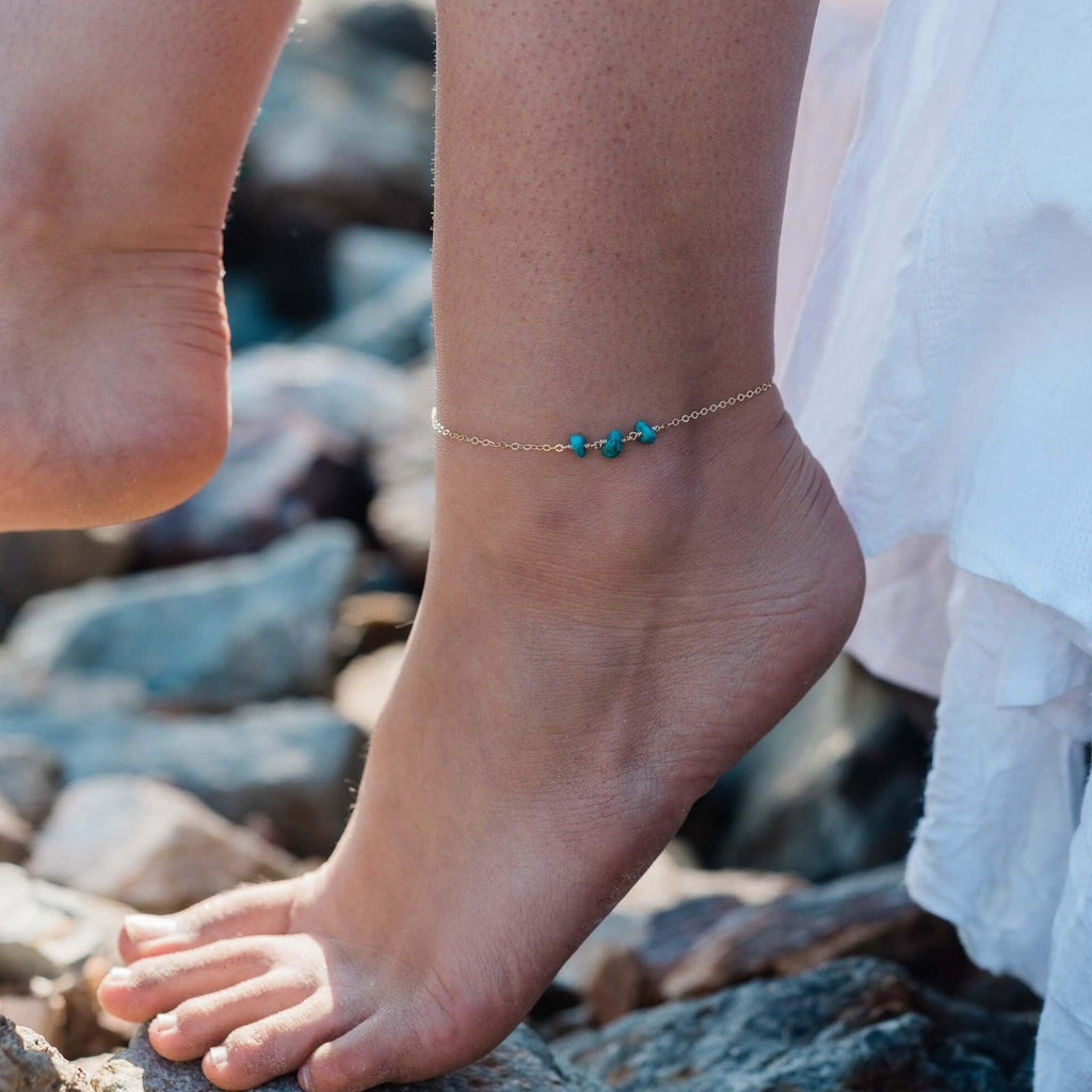 Turquoise Beaded Chain Anklet - Turquoise Beaded Chain Anklet - Sterling Silver - Luna Tide Handmade Crystal Jewellery