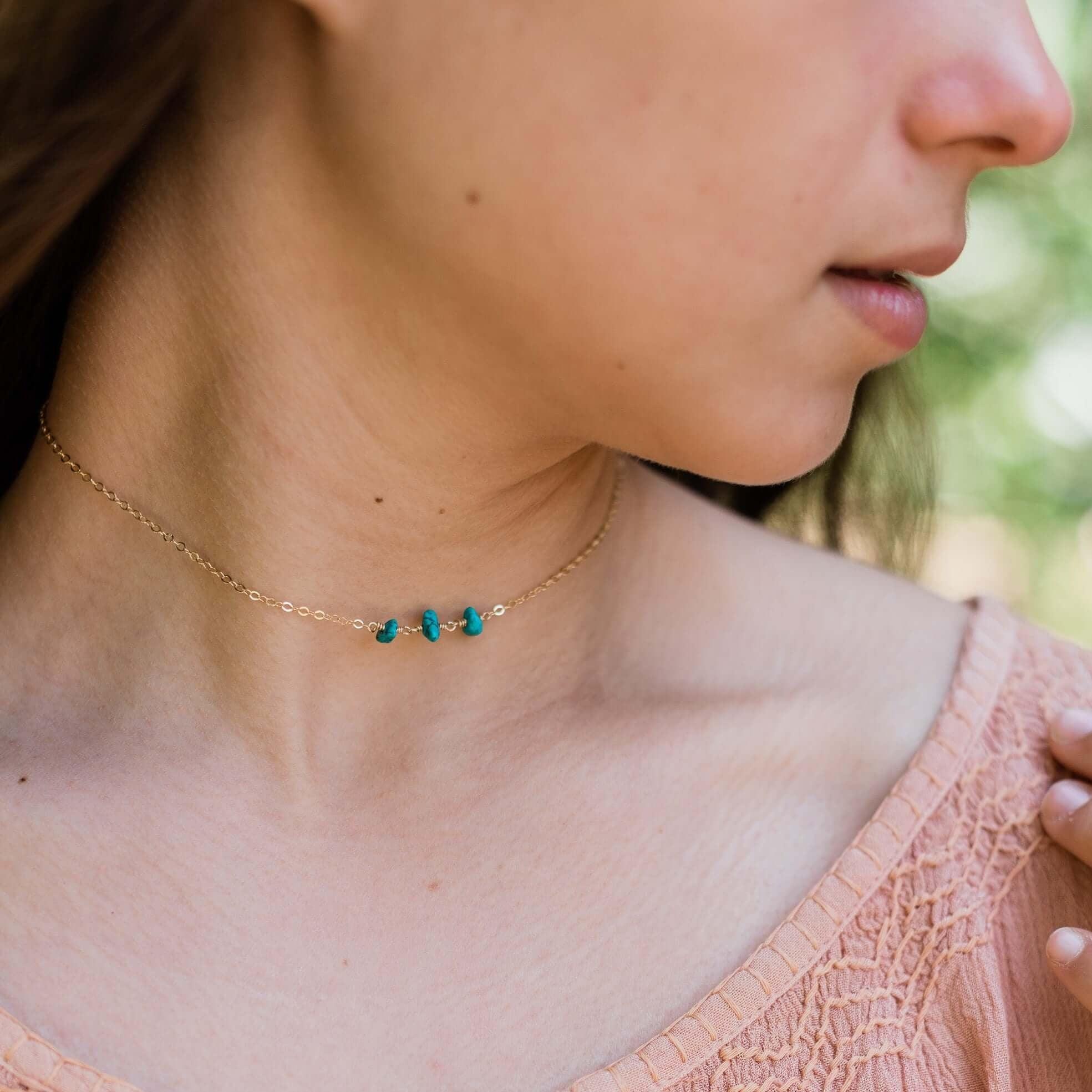 Turquoise Beaded Chain Choker Necklace - Turquoise Beaded Chain Choker Necklace - Sterling Silver - Luna Tide Handmade Crystal Jewellery
