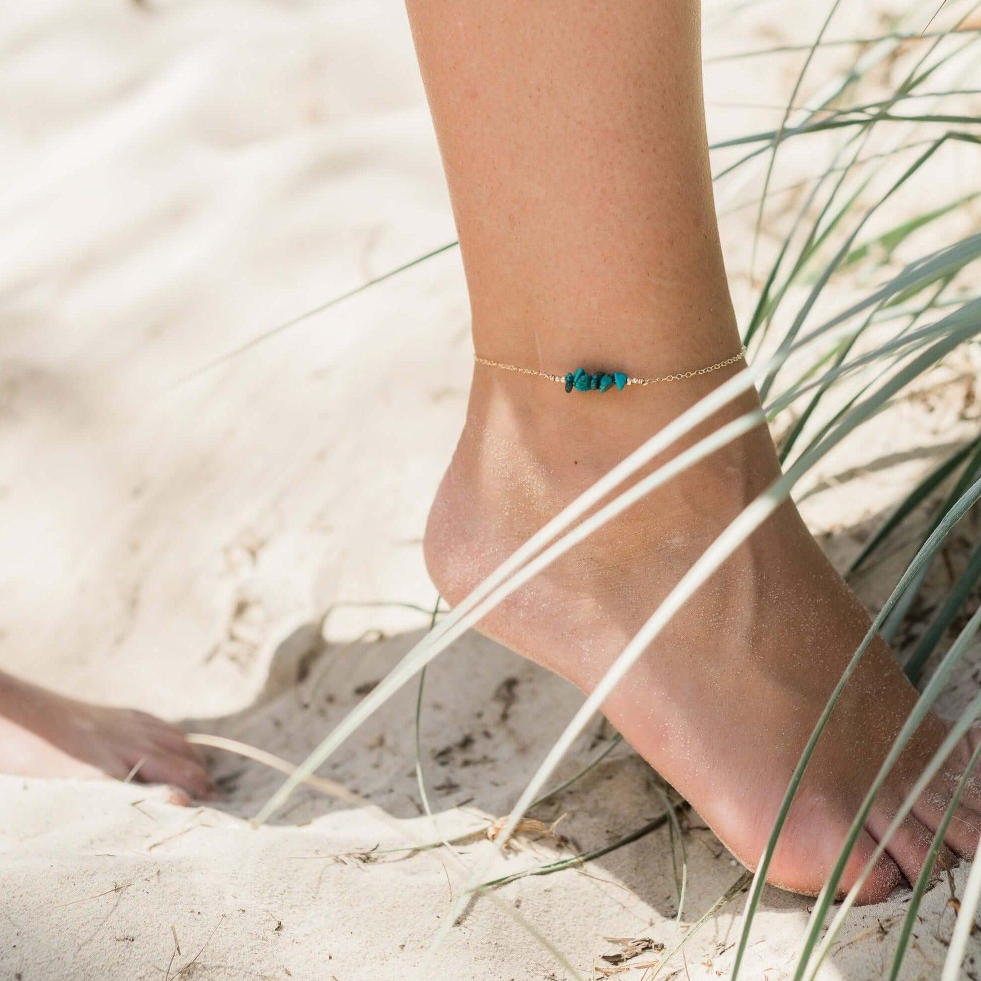 Turquoise Chip Bead Bar Anklet - Turquoise Chip Bead Bar Anklet - 14k Gold Fill - Luna Tide Handmade Crystal Jewellery
