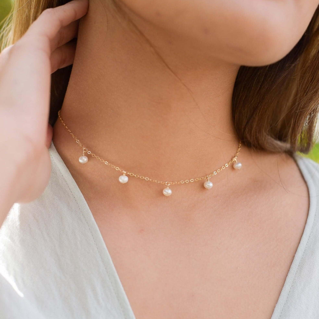 White Freshwater Pearl Bead Drop Choker - White Freshwater Pearl Bead Drop Choker - 14k Gold Fill - Luna Tide Handmade Crystal Jewellery