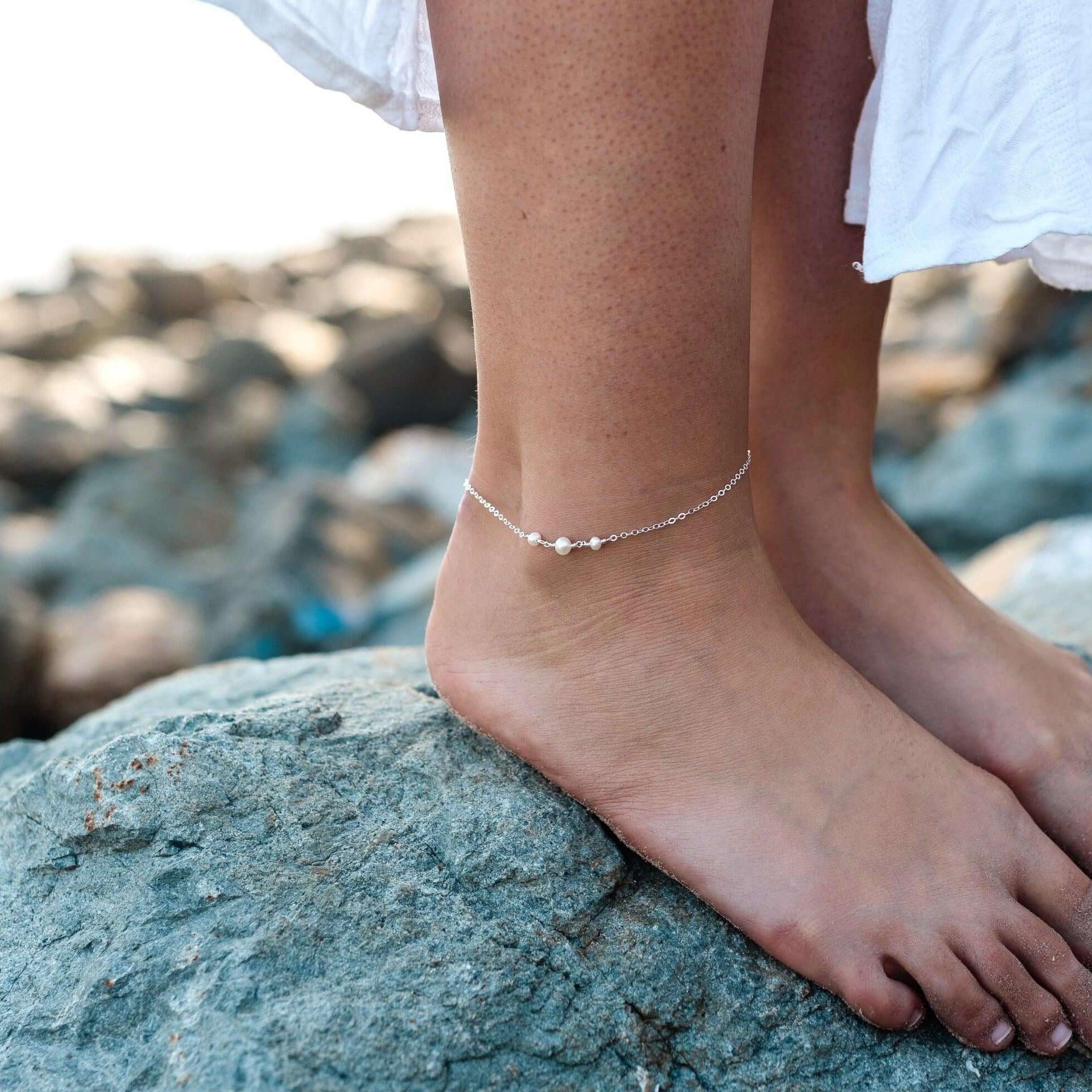 White Freshwater Pearl Beaded Chain Anklet - White Freshwater Pearl Beaded Chain Anklet - 14k Gold Fill - Luna Tide Handmade Crystal Jewellery