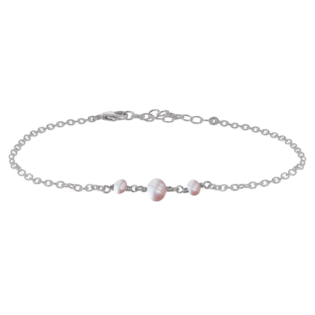 White Freshwater Pearl Beaded Chain Anklet - White Freshwater Pearl Beaded Chain Anklet - Stainless Steel - Luna Tide Handmade Crystal Jewellery