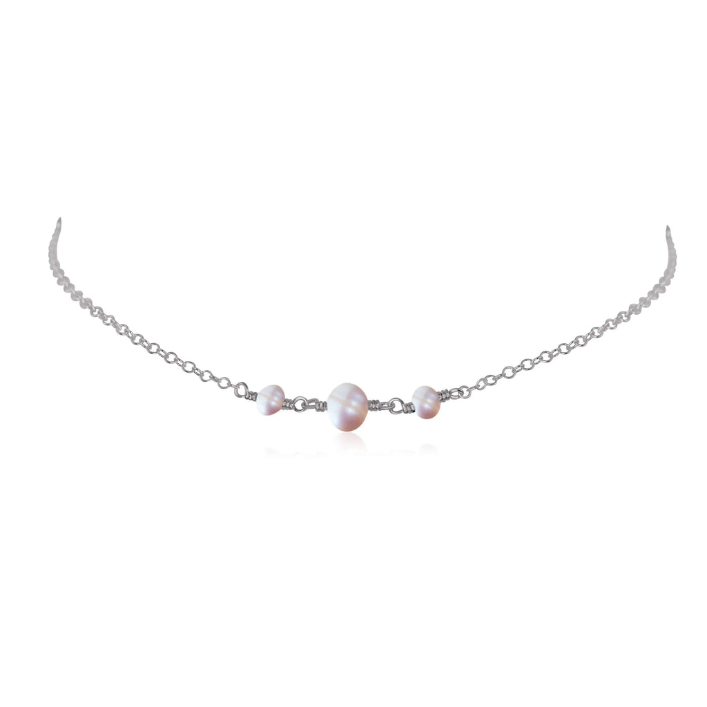 White Freshwater Pearl Beaded Chain Choker Necklace - White Freshwater Pearl Beaded Chain Choker Necklace - Stainless Steel - Luna Tide Handmade Crystal Jewellery