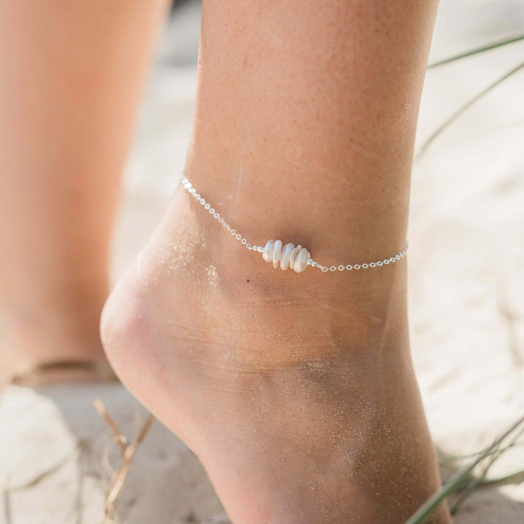 White Freshwater Pearl Chip Bead Bar Anklet - White Freshwater Pearl Chip Bead Bar Anklet - 14k Gold Fill - Luna Tide Handmade Crystal Jewellery