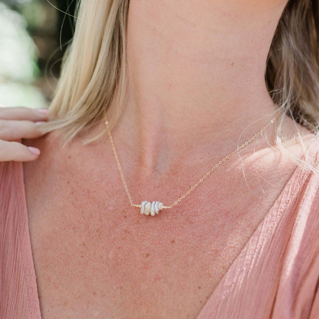 White Freshwater Pearl Chip Bead Bar Necklace - White Freshwater Pearl Chip Bead Bar Necklace - 14k Gold Fill - Luna Tide Handmade Crystal Jewellery
