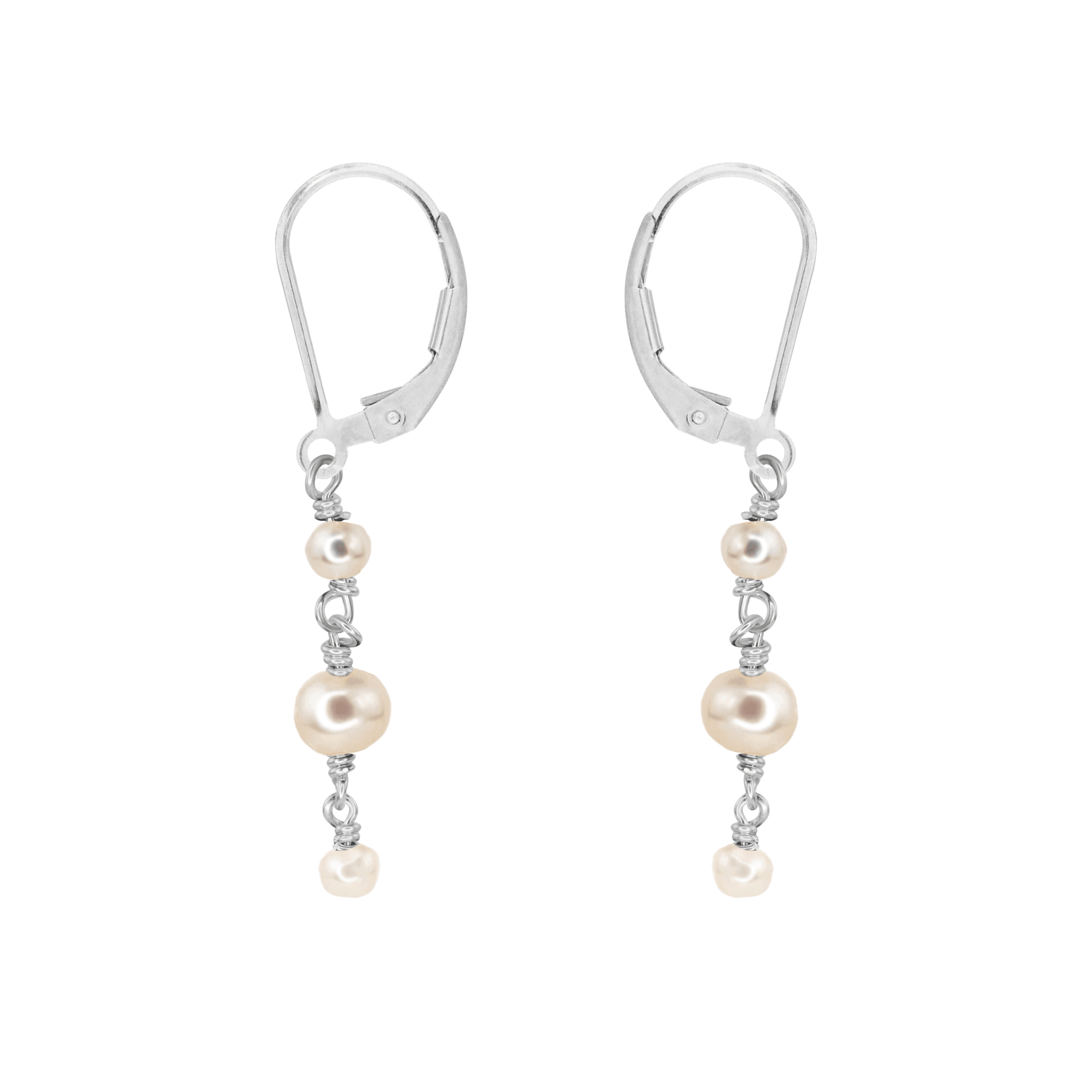 White Freshwater Pearl Crystal Beaded Chain Dangle Leverback Earrings - White Freshwater Pearl Crystal Beaded Chain Dangle Leverback Earrings - Sterling Silver - Luna Tide Handmade Crystal Jewellery