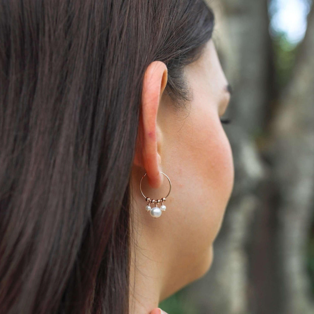 White Freshwater Pearl Gemstone Bead Drop Hoop Earrings - White Freshwater Pearl Gemstone Bead Drop Hoop Earrings - 14k Gold Fill - Luna Tide Handmade Crystal Jewellery
