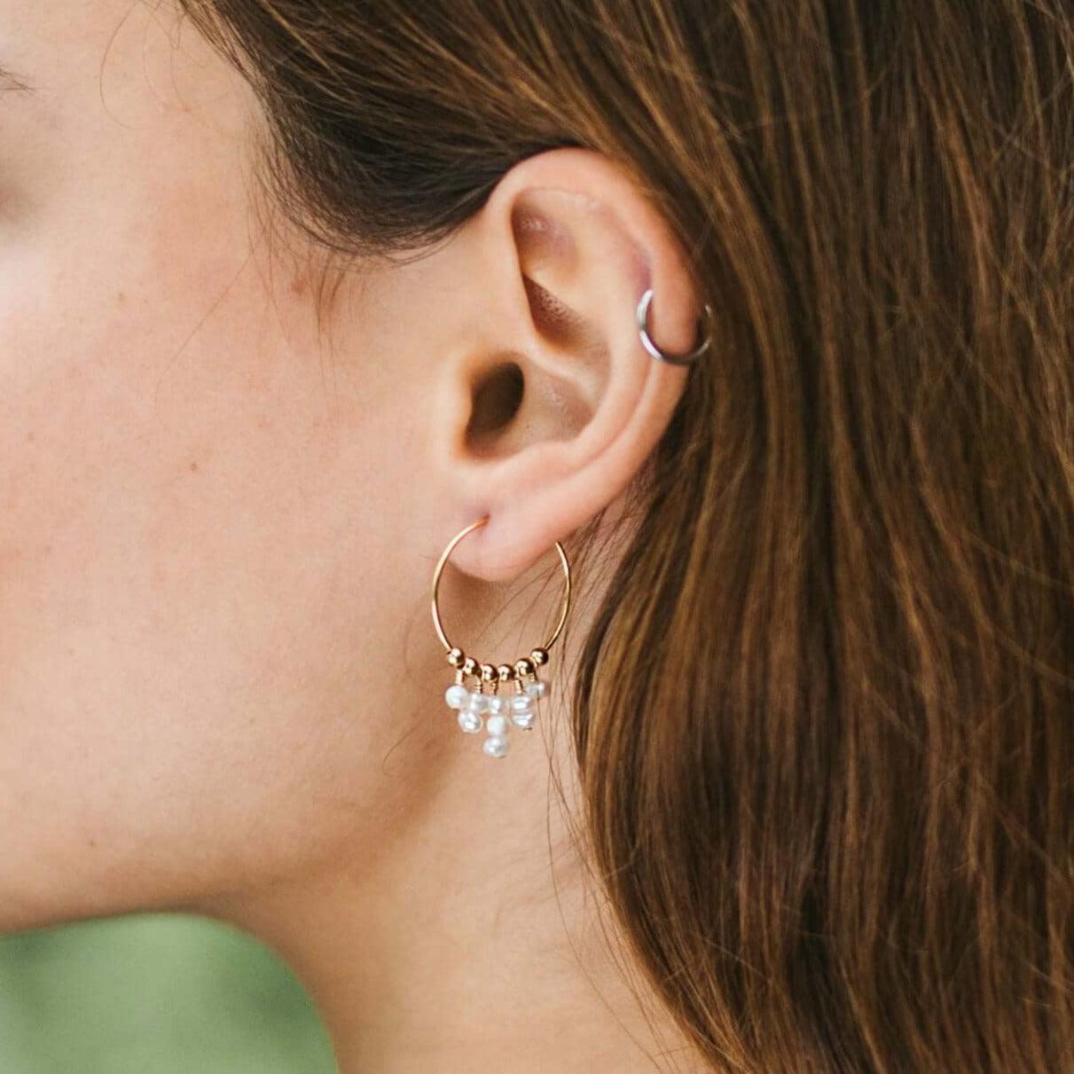 White Freshwater Pearl Statement Hoop Earrings - White Freshwater Pearl Statement Hoop Earrings - 14k Gold Fill - Luna Tide Handmade Crystal Jewellery