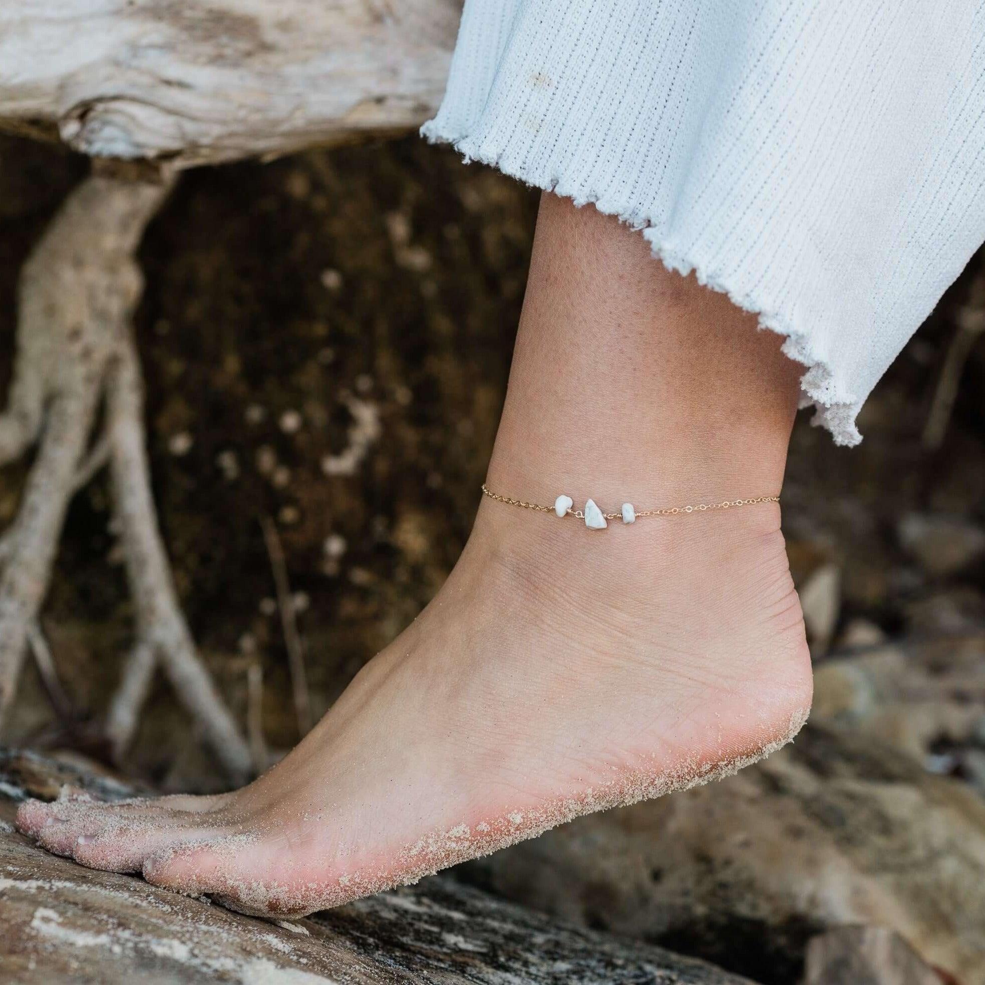 White Howlite Beaded Chain Anklet - White Howlite Beaded Chain Anklet - Sterling Silver - Luna Tide Handmade Crystal Jewellery